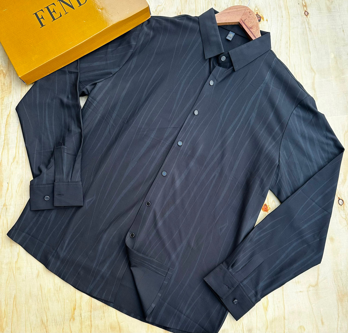 Men's dark navy striped long sleeve button shirt with Fendi box