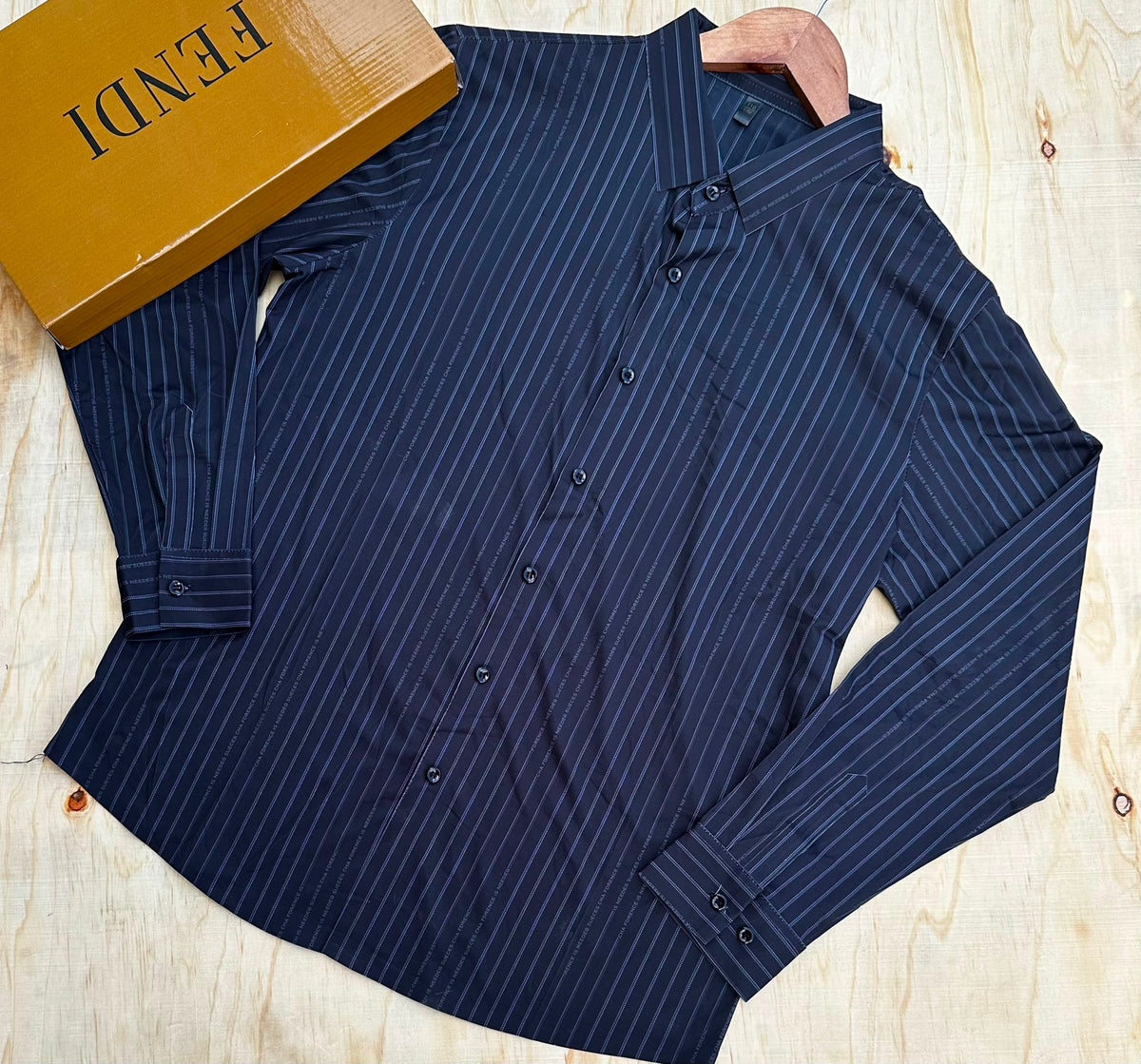 Men's navy pinstripe long sleeve button shirt with Fendi box
