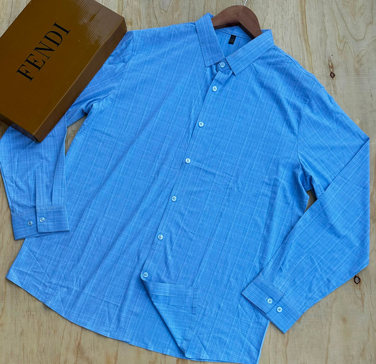 Men's light blue check long sleeve button shirt with Fendi box