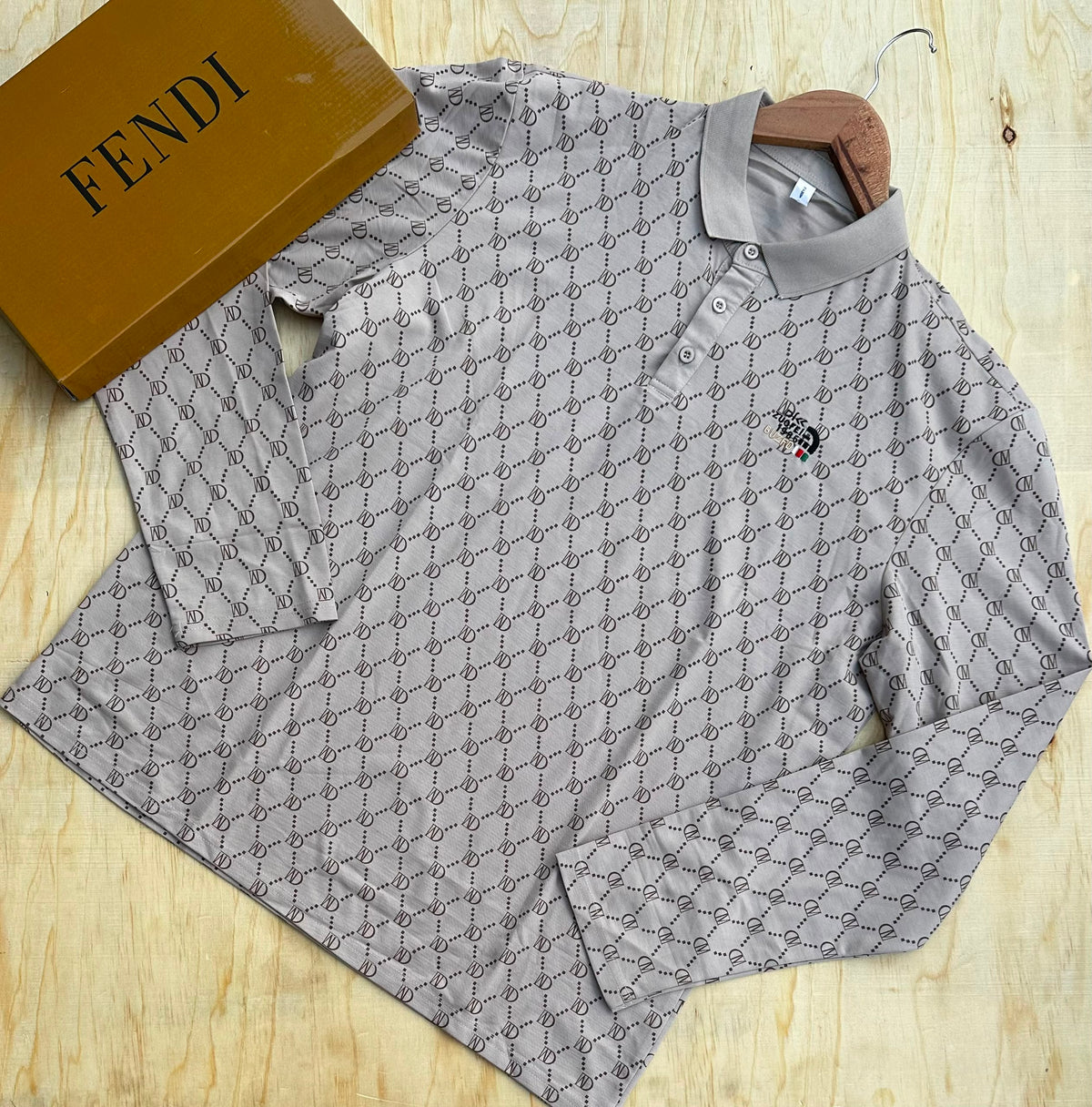 Men's grey monogram long sleeve polo shirt with Fendi box