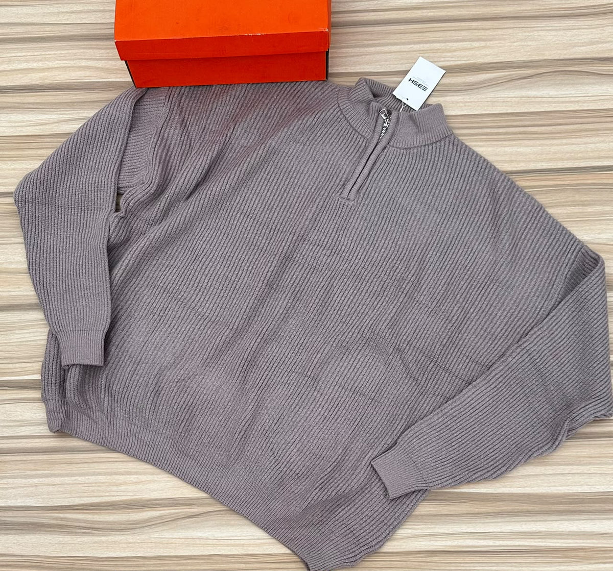 Men's Camel Ribbed Knit Sweater White Sleeve Stripe