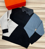 Men's Black Fluffy Knit Sweater – White Stripe Trim