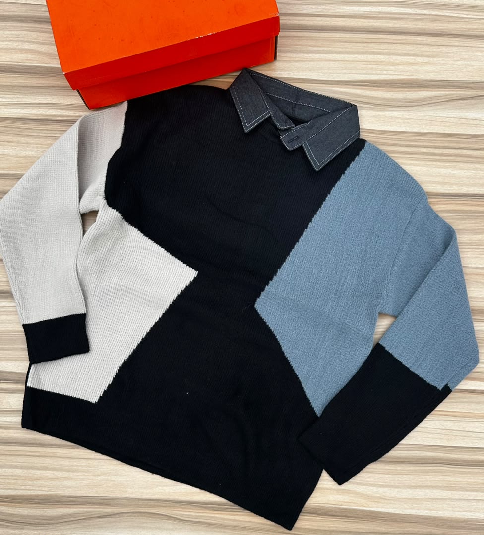 Men's Black Fluffy Knit Sweater – White Stripe Trim