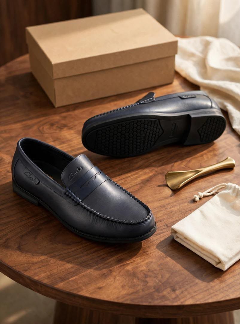 Clarks Navy Blue Penny Loafers