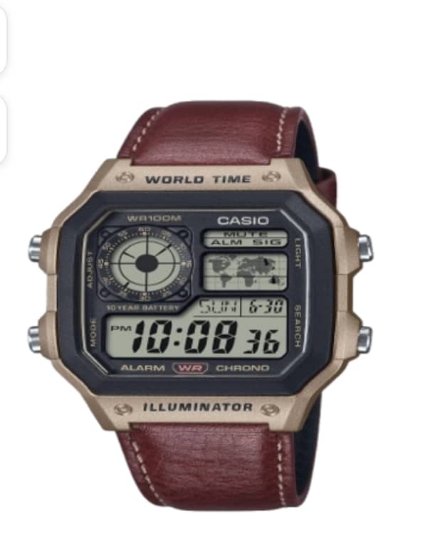 Casio World Time Digital Watch - Silver Case Brown Leather Strap