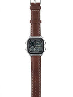 Casio World Time Digital Watch - Silver Case Brown Leather