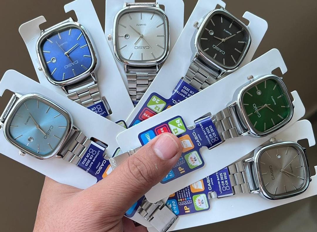 Six square-dial watches with silver-tone bracelets in blue, white, black, green, light blue and grey