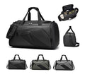 Travel and gym duffel bag showing black, olive and grey colours with interior and side views