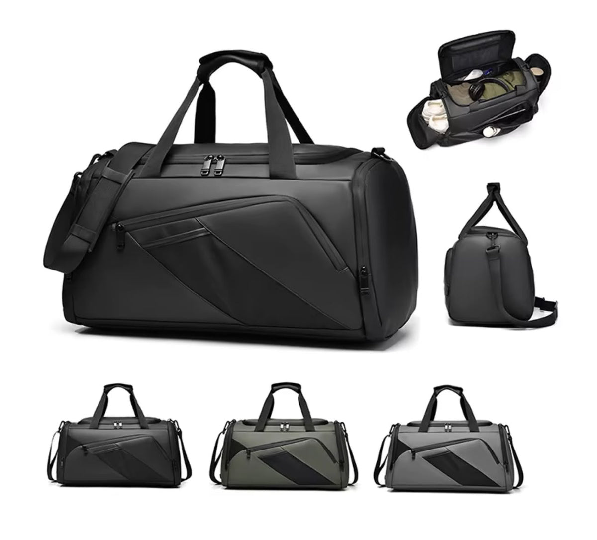 Travel and gym duffel bag showing black, olive and grey colours with interior and side views