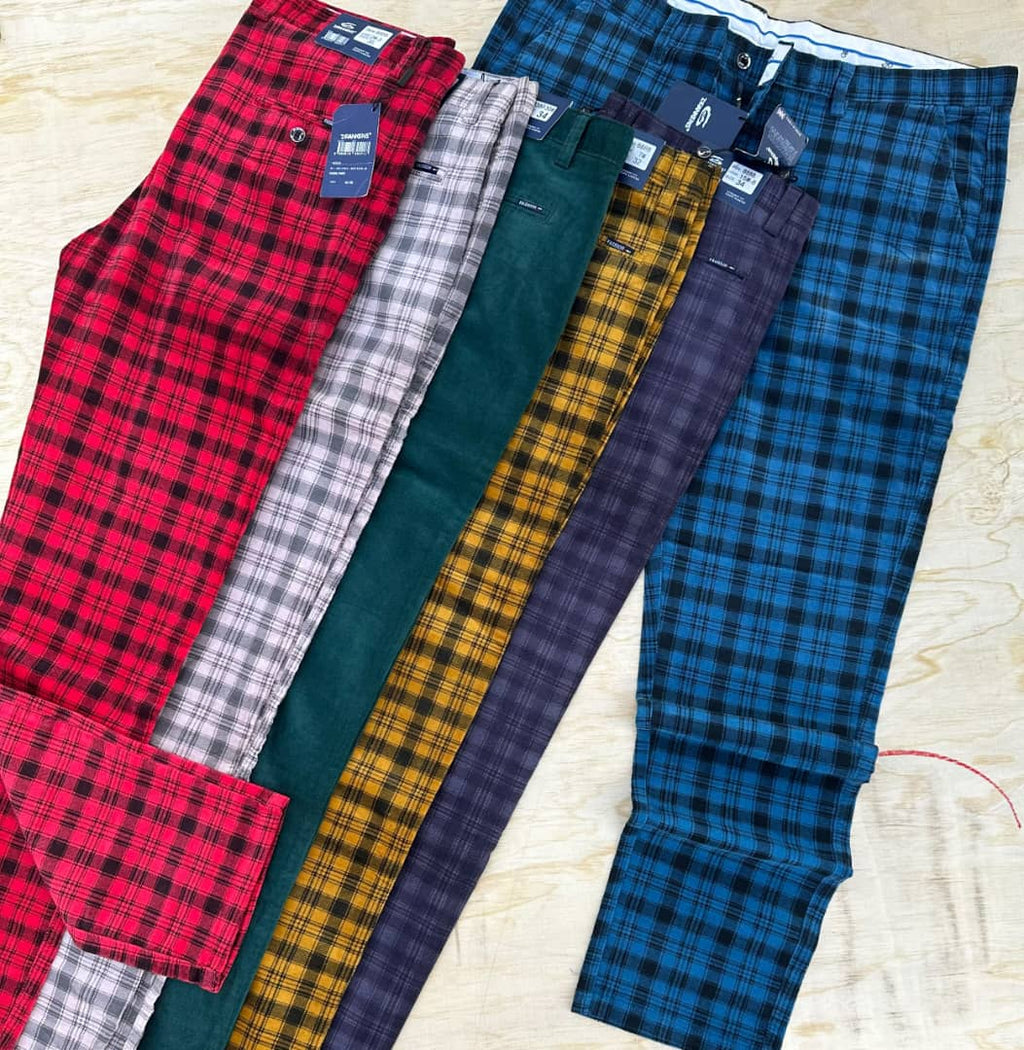 Original photo of six checked and plain trouser colour choices