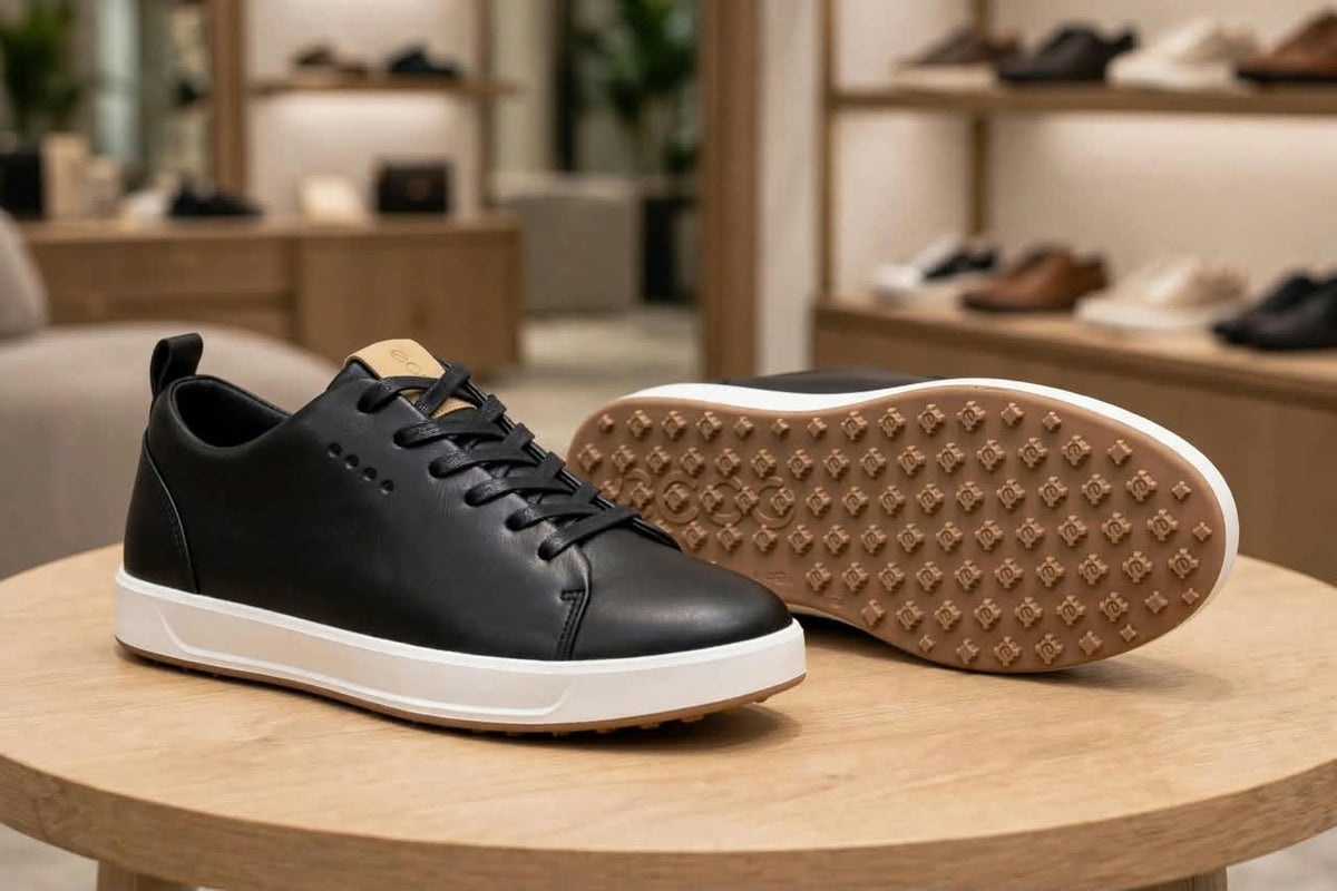 Original black sneakers showing side profile and tan geometric outsole