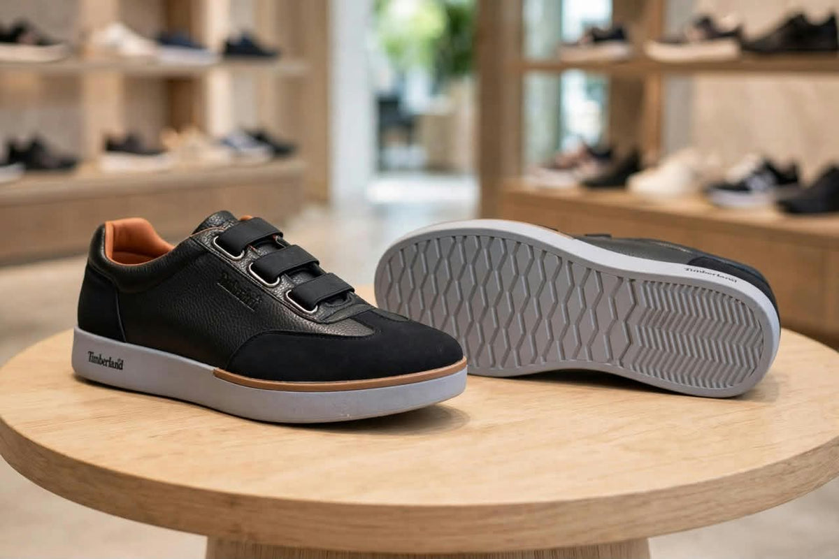 Original black triple-strap sneakers showing side profile and grey patterned outsole