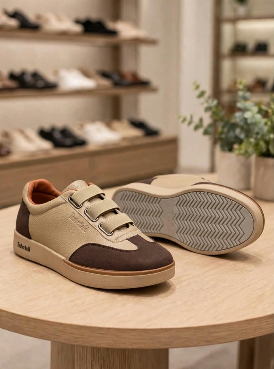Original beige and brown triple-strap sneakers showing grey herringbone outsole