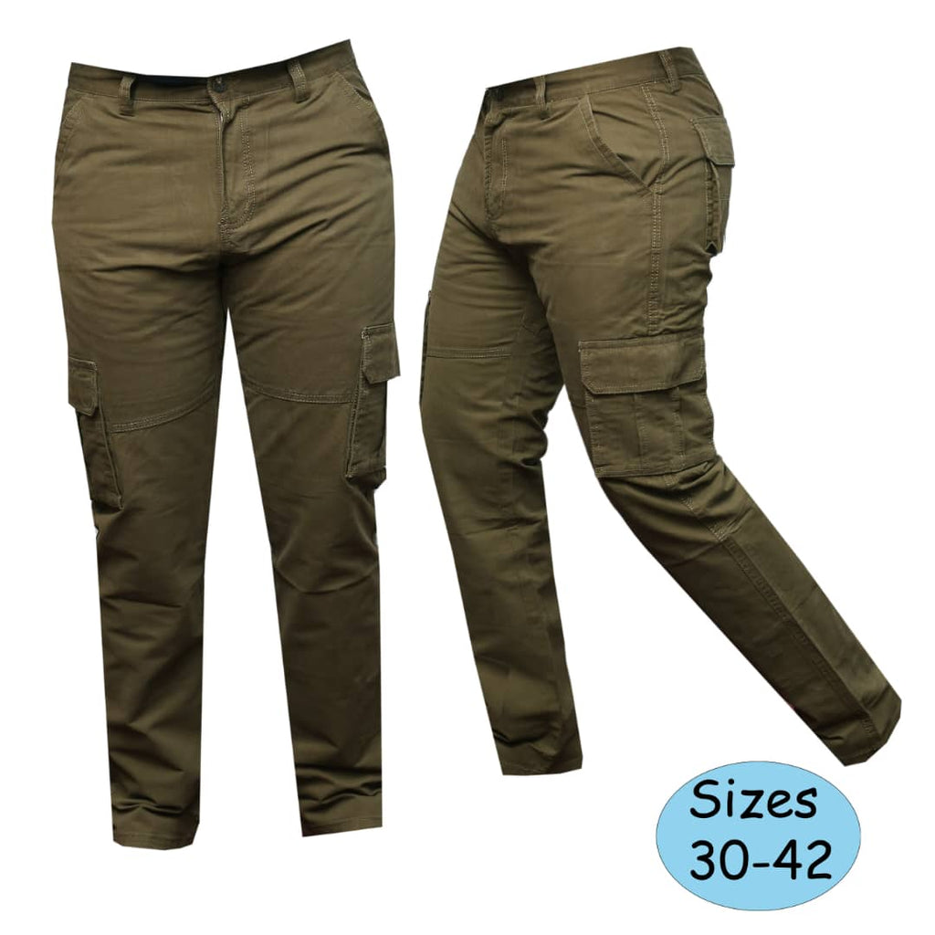 Original olive green cargo pants photo showing sizes 30–42