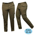 Original olive green cargo pants photo showing sizes 30–42