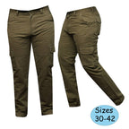 Original olive green cargo pants photo showing sizes 30–42