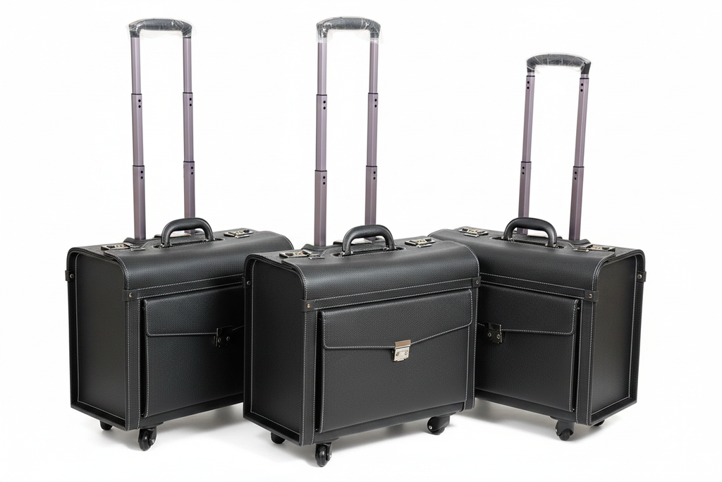 Black Leather Pilot Suitcases White Background