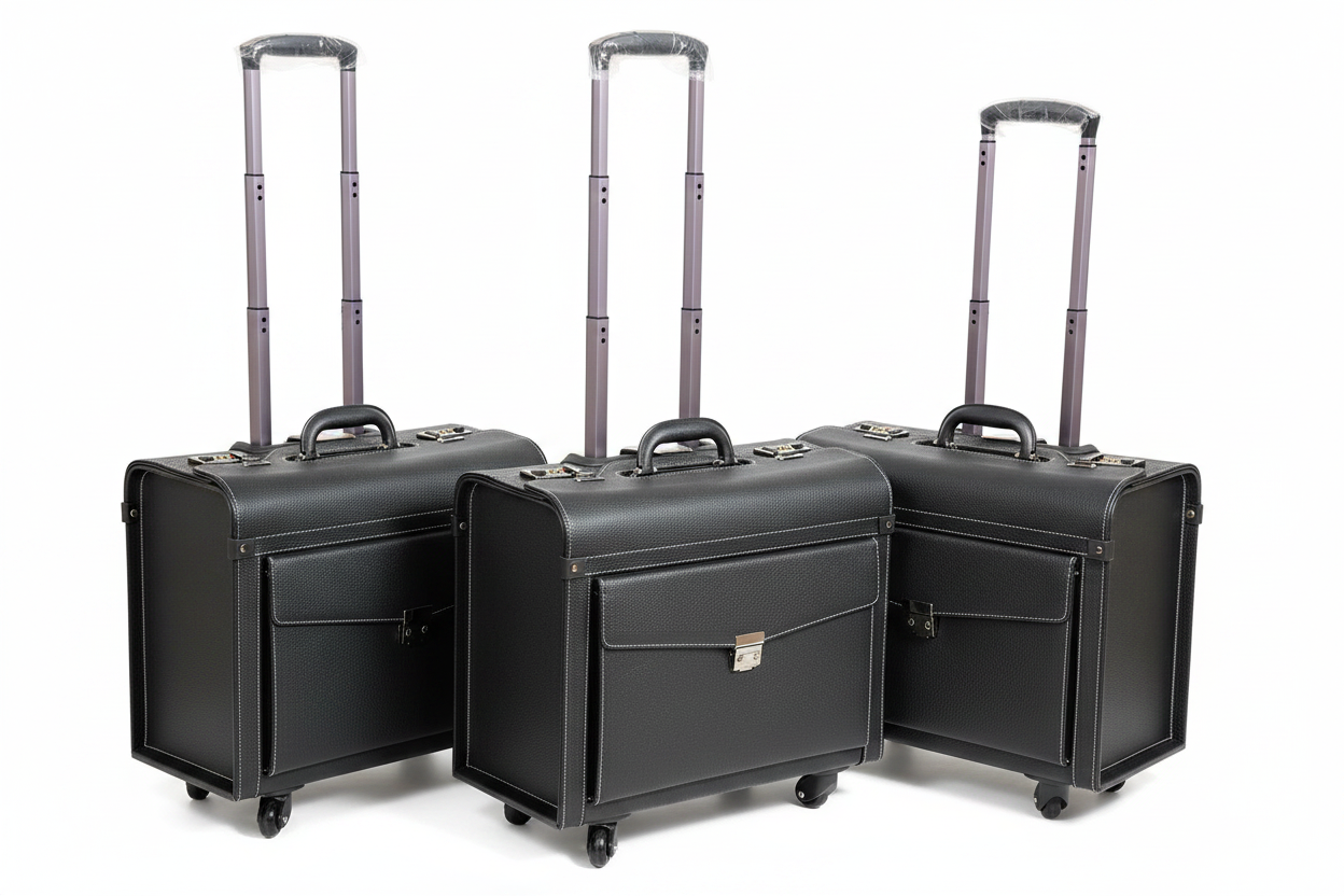 Black Leather Pilot Suitcases White Background