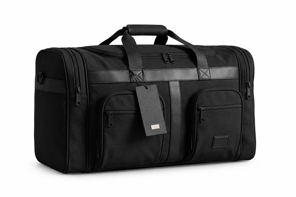 Black travel bag on a pure white background