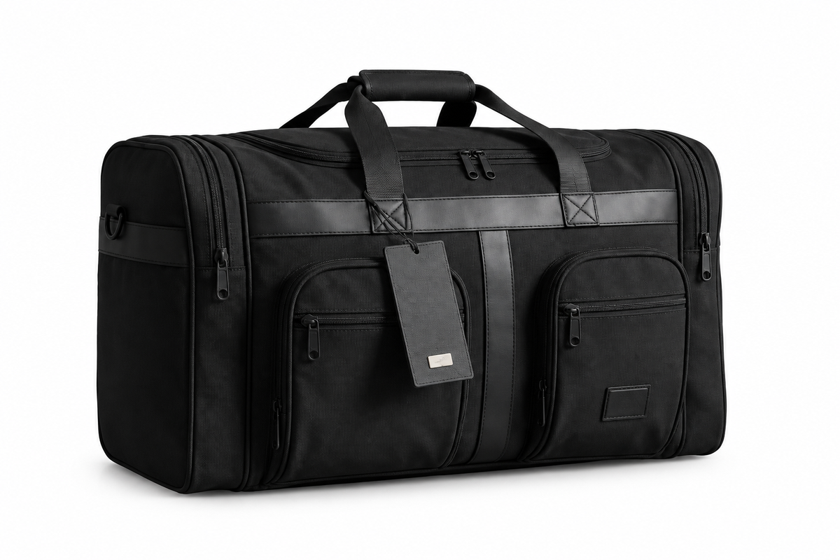 Black travel bag on a pure white background