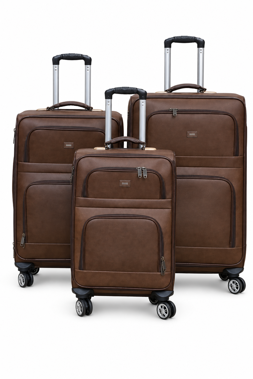 Brown three-piece trolley luggage set on a white background