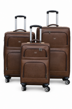 Brown three-piece trolley luggage set on a white background