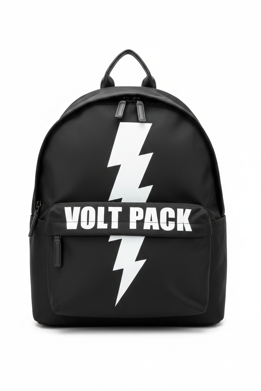 Designer Lightning Bolt Black Backpack White Background