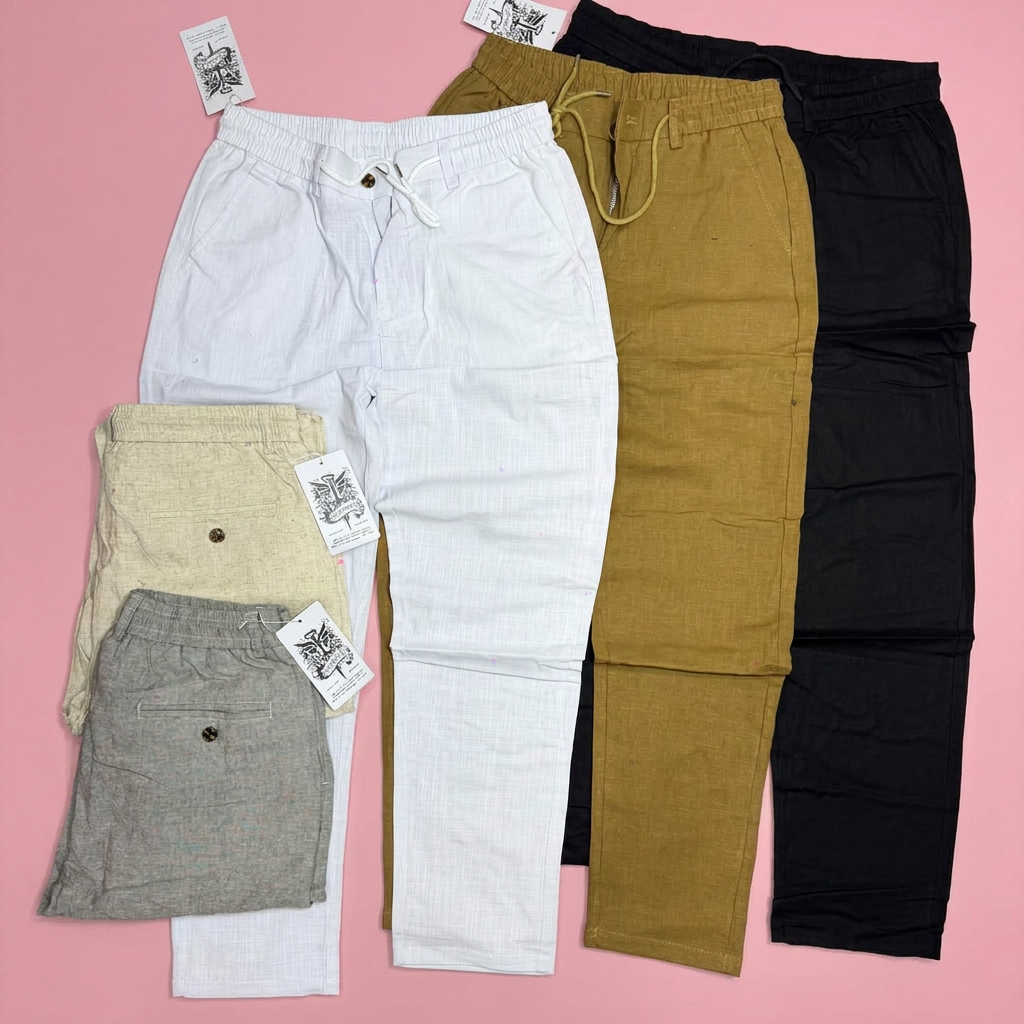 Drawstring trousers in five colours on soft pink