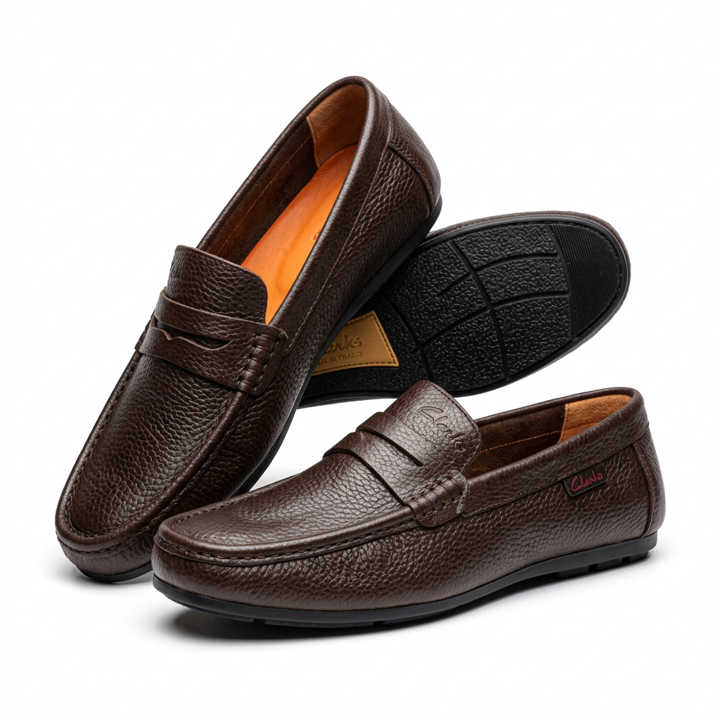 Brown textured penny loafers on white background