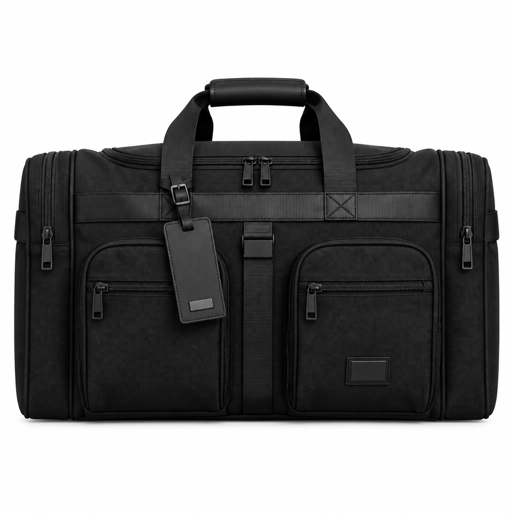 Premium black travel duffle bag white background studio shot