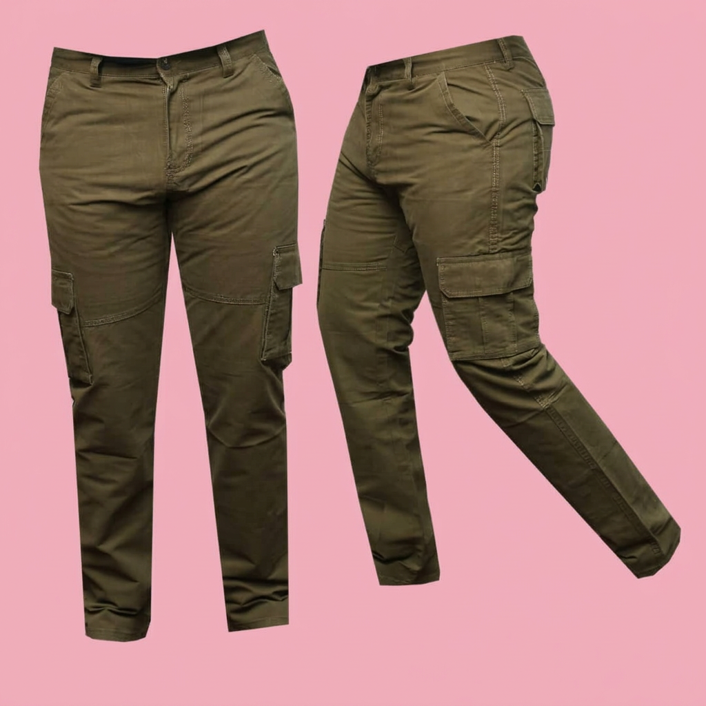 Olive green tactical cargo pants on a soft pink background