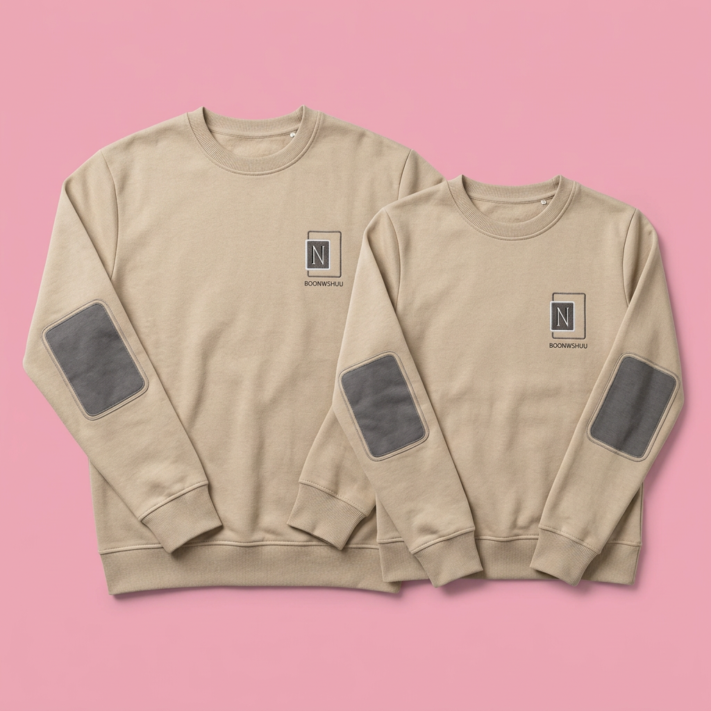 Pair of matching beige crewneck sweatshirts on soft pink background