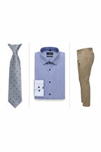 Silver herringbone tie, Verso Ceremony blue striped shirt and khaki Naveen pants combo - full length