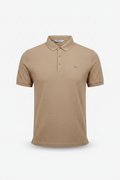 Everyday full length khaki polo shirt white background