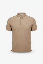 Everyday full length khaki polo shirt white background