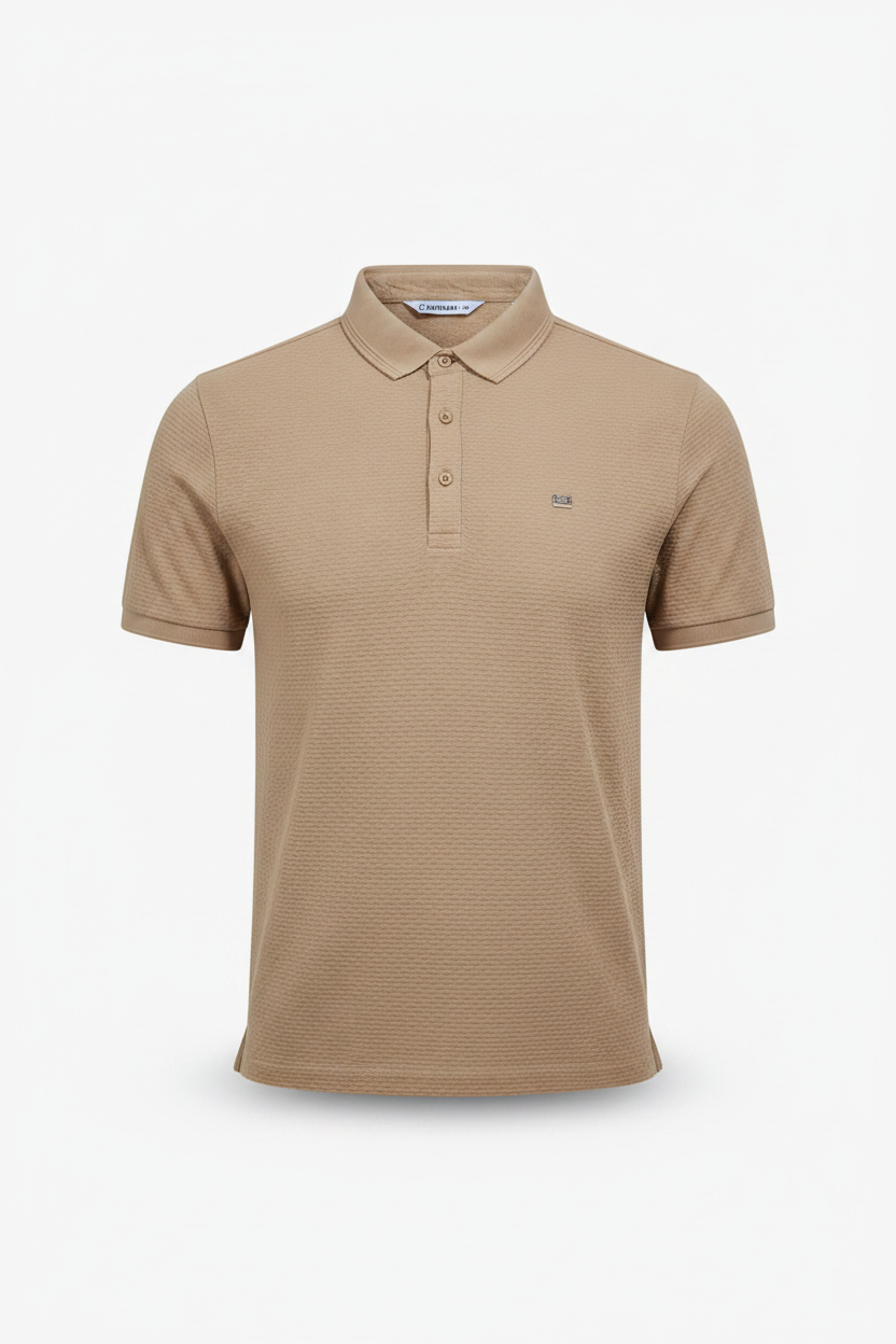 Everyday full length khaki polo shirt white background