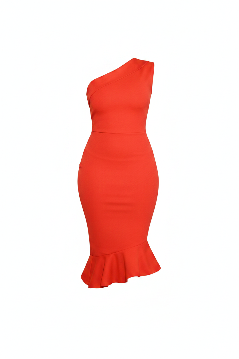 Orange Flame One-Shoulder Ruffle Midi Dress - White Background