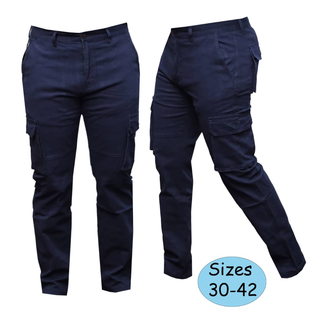 Original navy blue cargo pants photo showing sizes 30–42