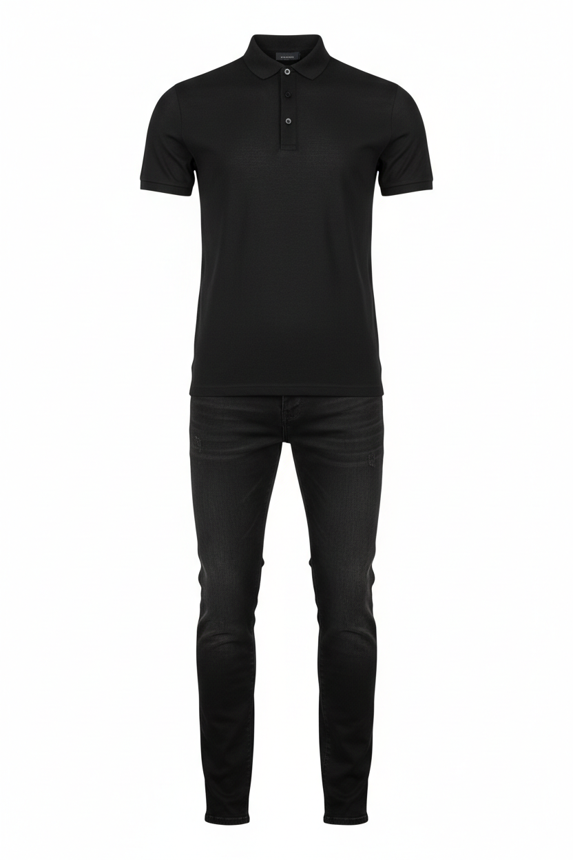 Black shirt and black jeans outfit combo