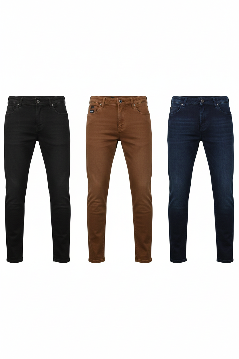 Black, brown, and navy V9 Star Jeans shown full length on a white background