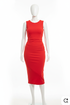 Red Classic Sleeveless Ruched Bodycon Midi Dress - White Background