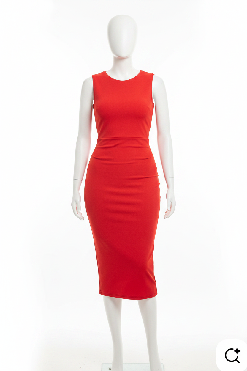 Red Classic Sleeveless Ruched Bodycon Midi Dress - White Background