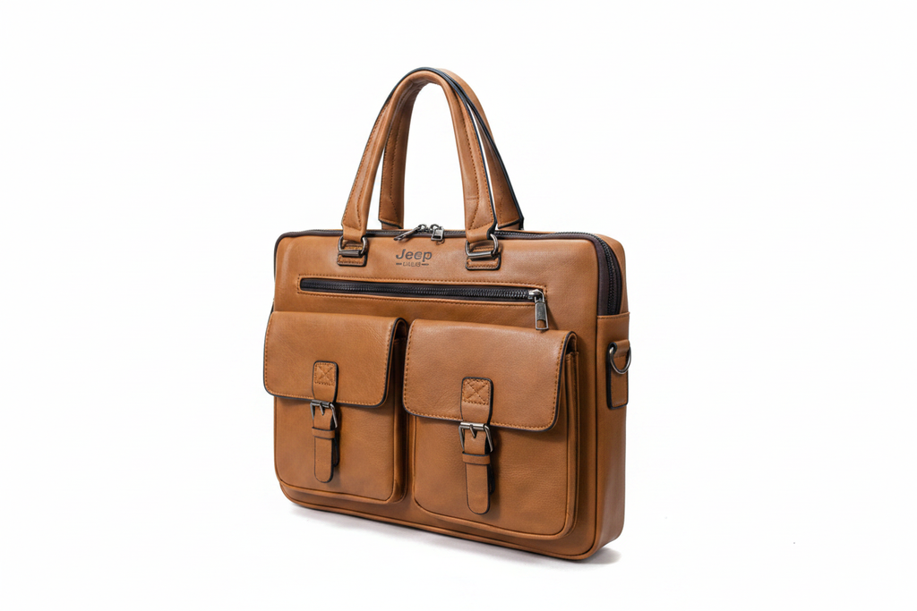 Jeep Brand Tan Leather Briefcase Square Pockets - white background