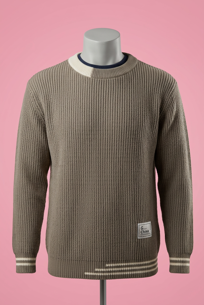 Taupe textured knit sweater with white stripe trim on a mannequin against a soft pink background