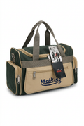 Green and beige front-pocket travel duffel bag on a clean white background