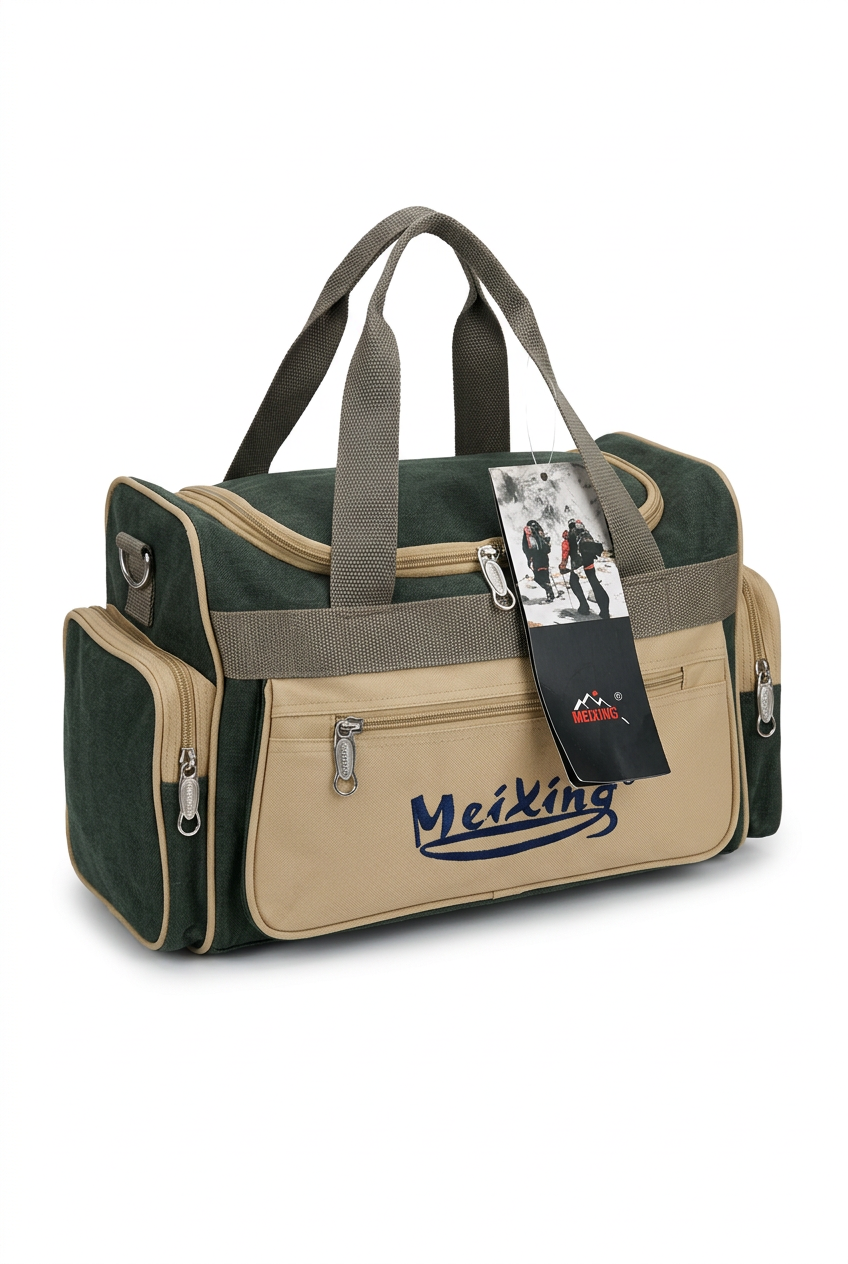 Green and beige front-pocket travel duffel bag on a clean white background