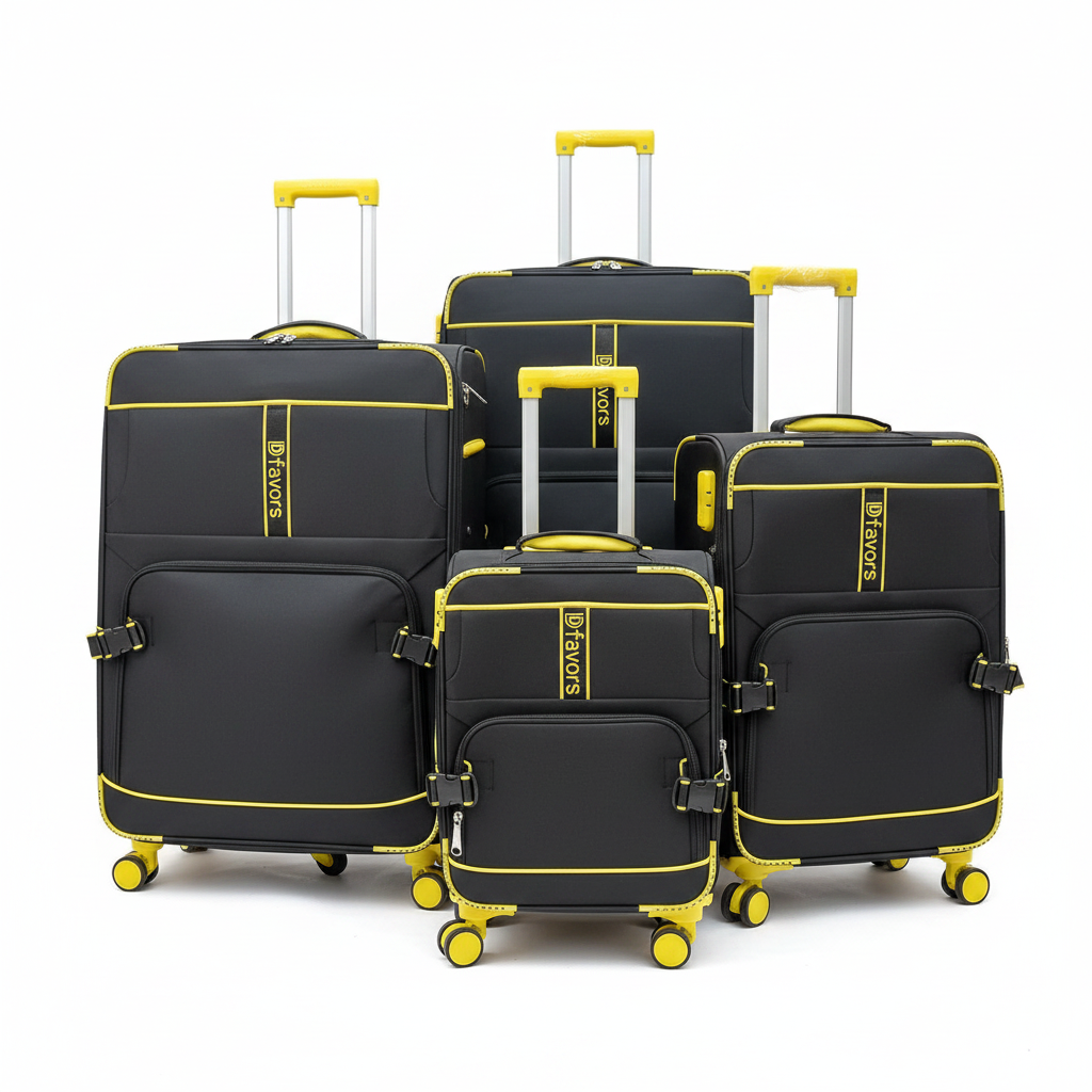 Dfavors Set of 4 Black and Yellow Fabric Trolley Suitcases