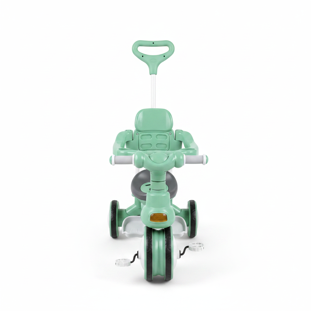Kids green tricycle with parent push handle on white background