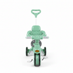 Kids green tricycle with parent push handle on white background