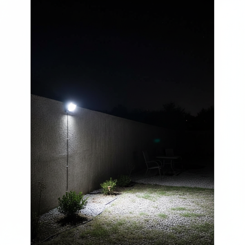 Neelux 50W LED flood light illuminating outdoor area at night